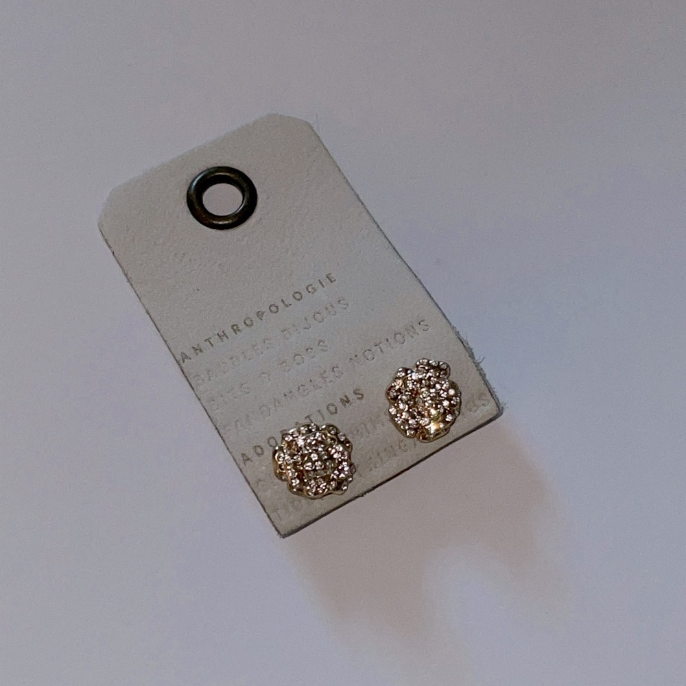 Anthropologie Gold Crystal Flower Stud Earrings NWT